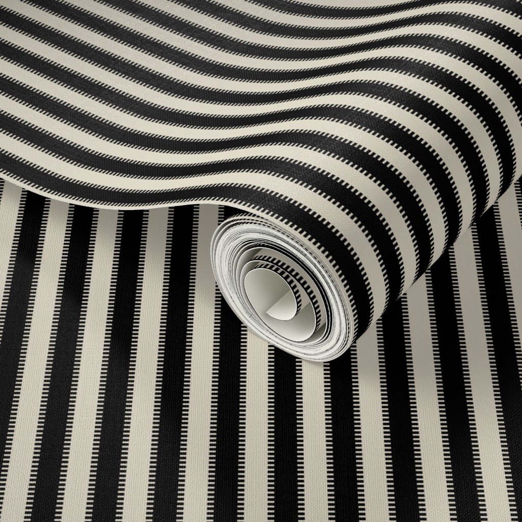 Serrated Squid Ink Black Mini Stripe on Cream Wallpaper serrated stripe wallpaper