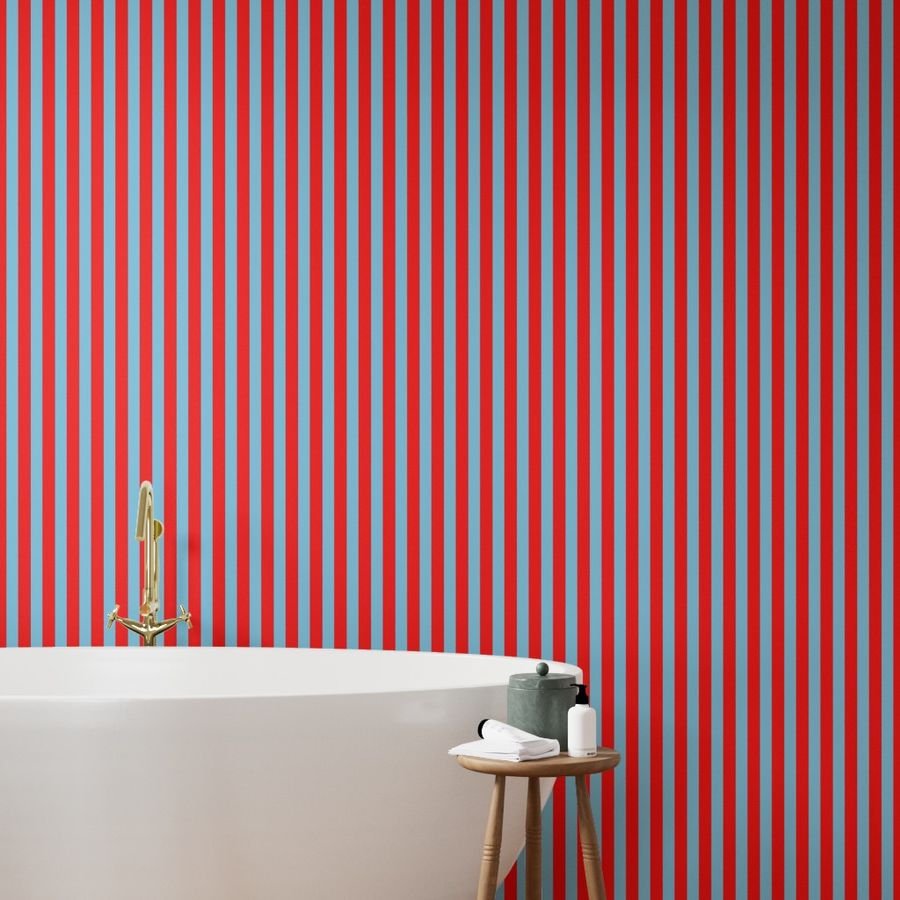 Bold Coastal Classic Red and Sky Blue Cabana Tent Stripe Wallpaper coastal wallpaper