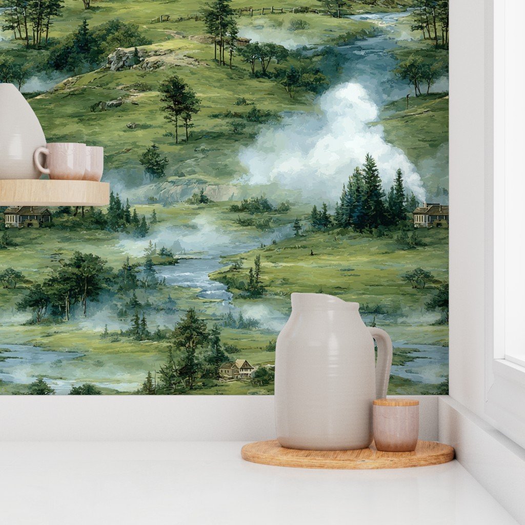 Yellowstone National Park Spring Watercolor Geyser Landscape Wallpaper botanical wallpaper