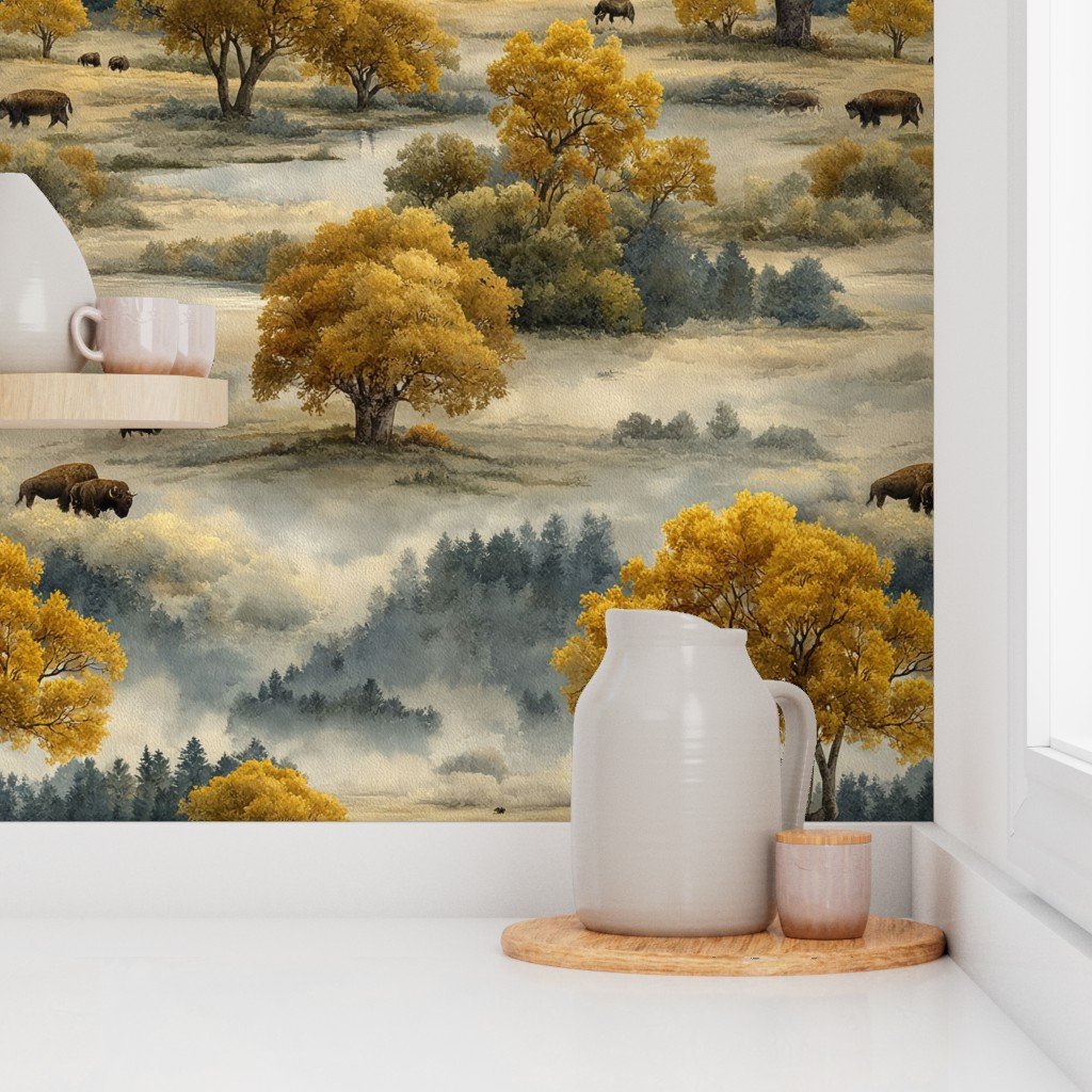 Yellowstone National Park Autumn Watercolor Bison Landscape Wallpaper autumn wallpaper