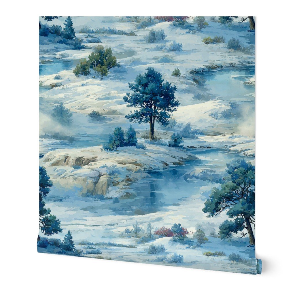 Yellowstone National Park Winter Christmas Watercolor Landscape Wallpaper hot spring wallpaper