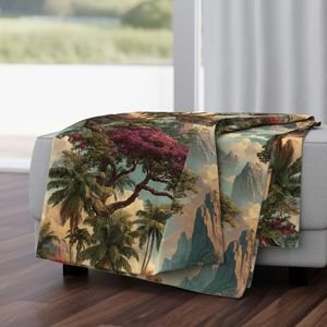 Vintage Hawaiian Watercolor Landscape with Misty Mountains and Palms Decor Collection Home Styling Collection coastal throw blanket design