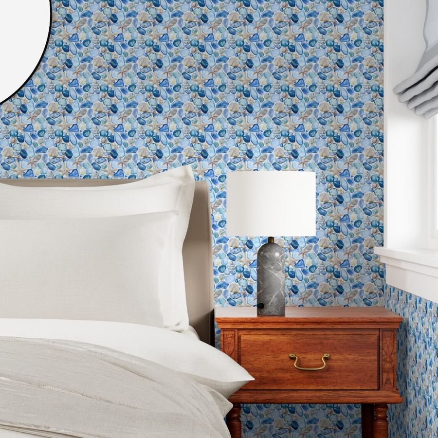 Watercolor Sea Glass Shells and Starfish Coastal Pattern in Seafoam Wallpaper coastal wallpaper