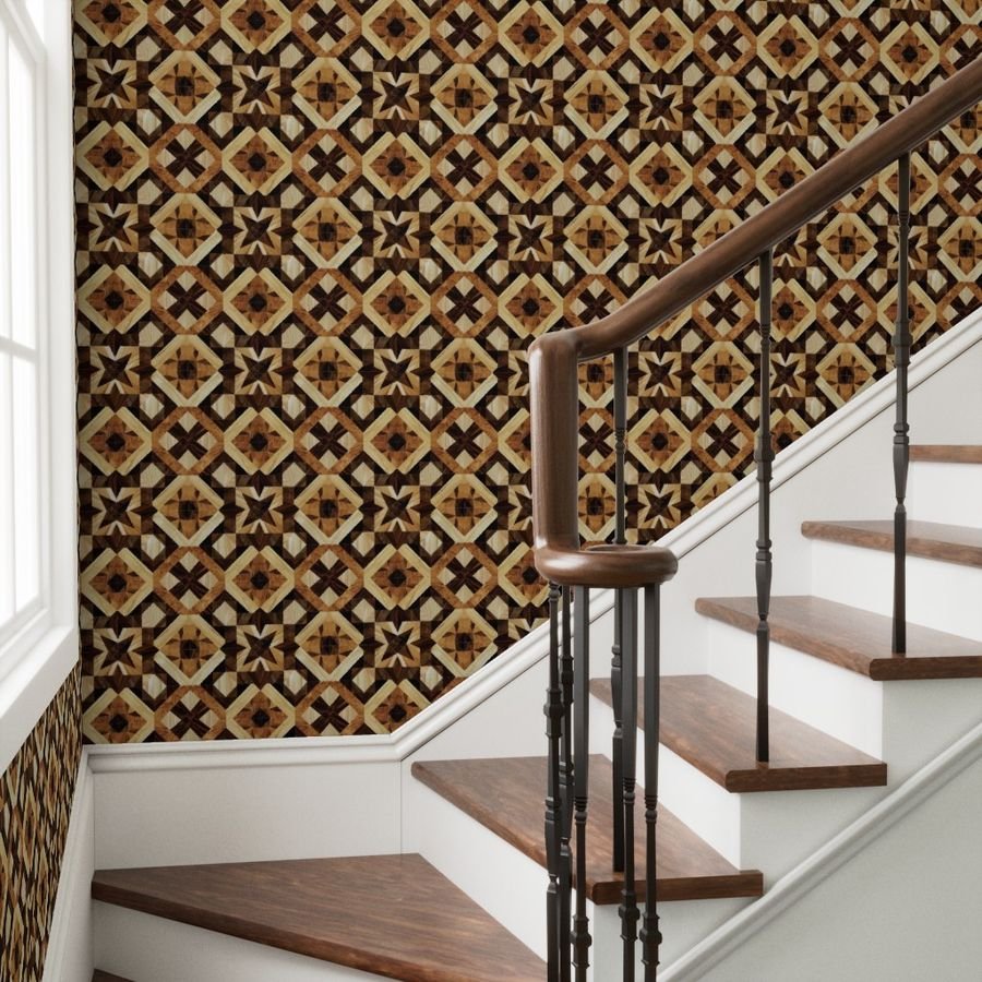 Geometric Marquetry Wood Inlay Pattern in Rich Dark Wood Tones Wallpaper dark wood wallpaper