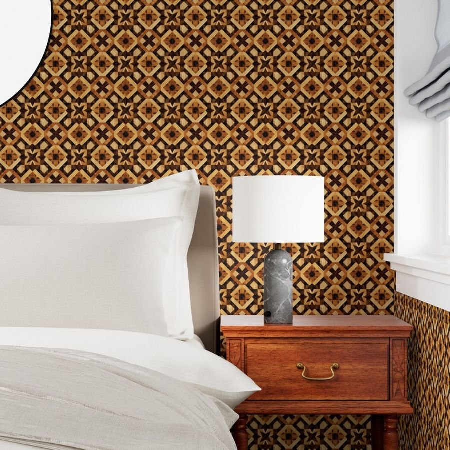 Small Geometric Marquetry Wood Inlay Pattern in Warm Natural Tones Wallpaper interior design wallpaper