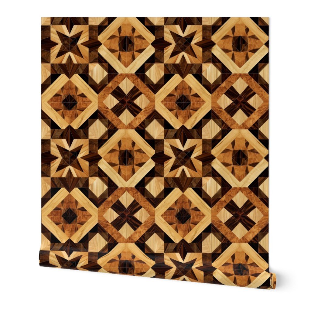Geometric Marquetry Wood Inlay Pattern in Warm Natural Tones Wallpaper interior design wallpaper