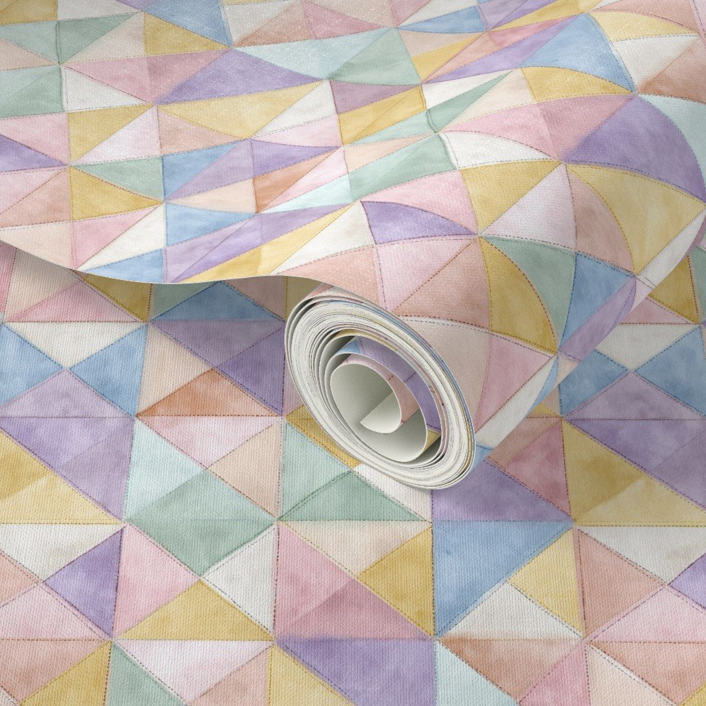 Soft Watercolor Quilted Patchwork Triangles Butter Yellow Lavender Wallpaper cottagecore wallpaper