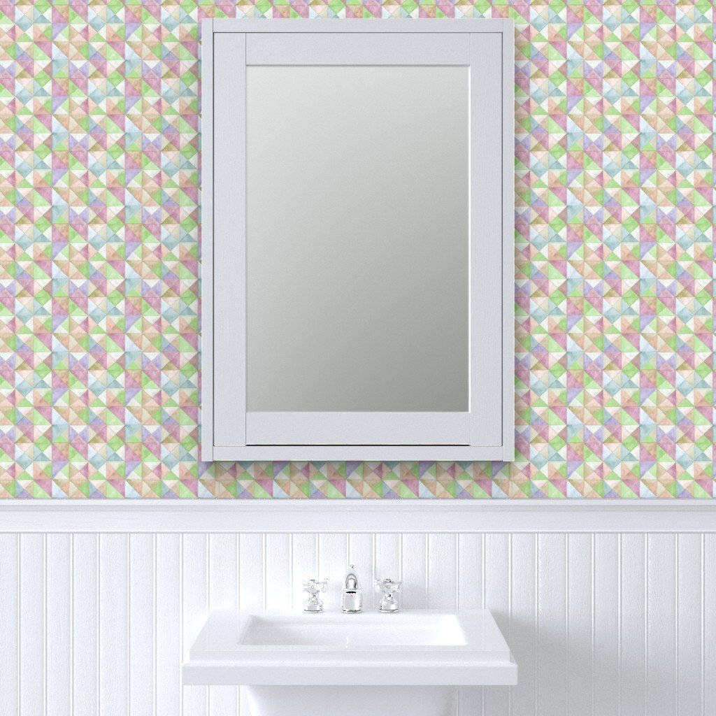 Soft Watercolor Quilted Patchwork Triangles in Spring Green and Wallpaper cottagecore wallpaper