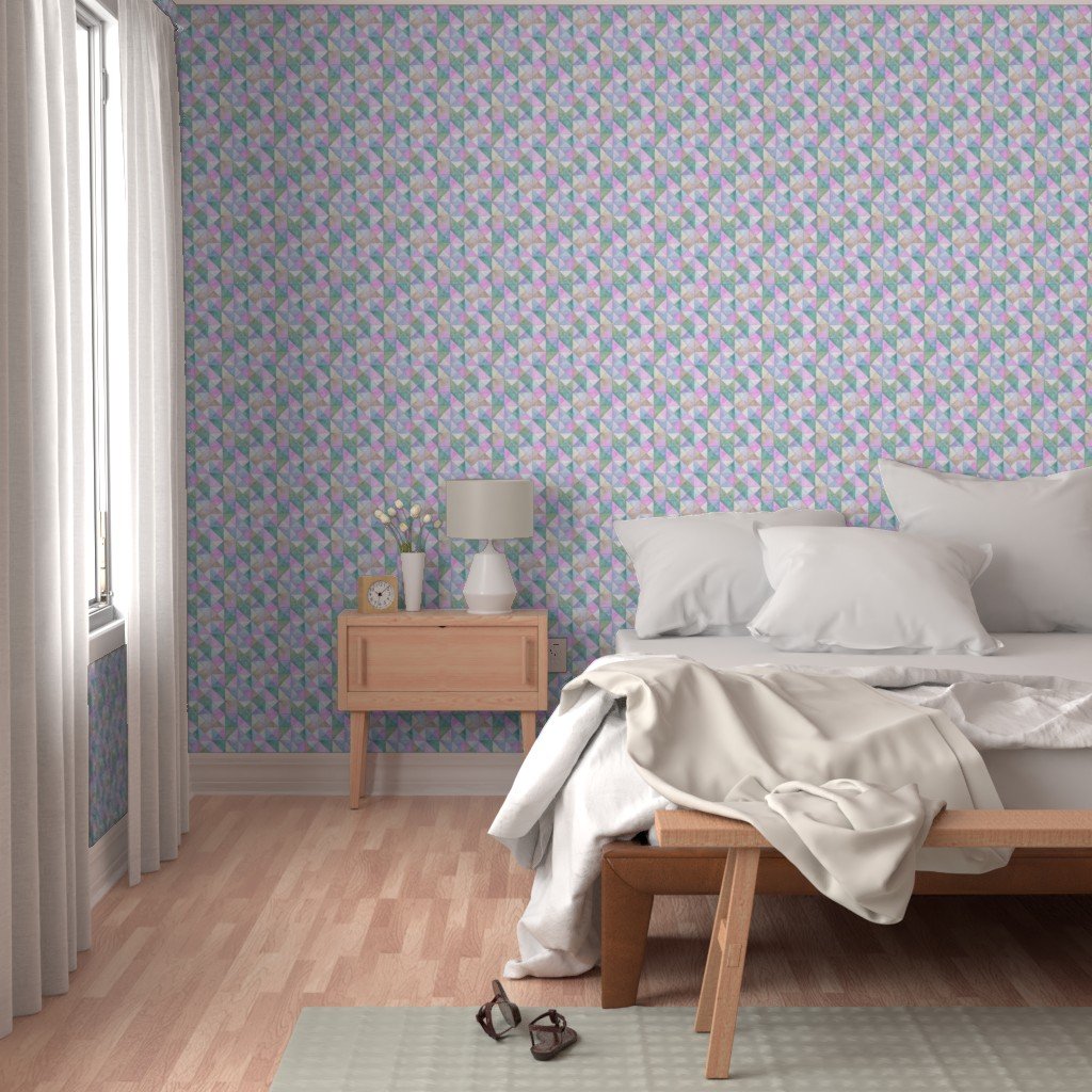 Soft Watercolor Quilted Patchwork Triangles in Pink Mint and Sage Wallpaper cottagecore wallpaper