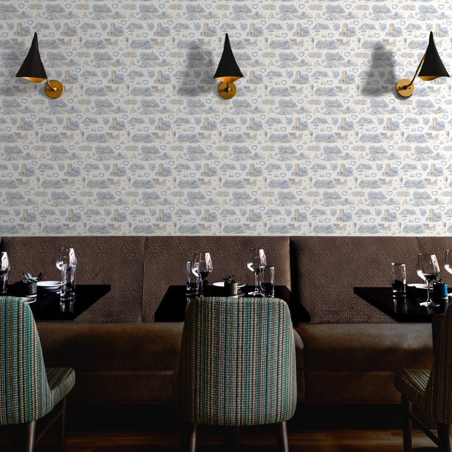 Blue English Village Wedding Toile Watercolor Pattern Wallpaper garden wedding wallpaper