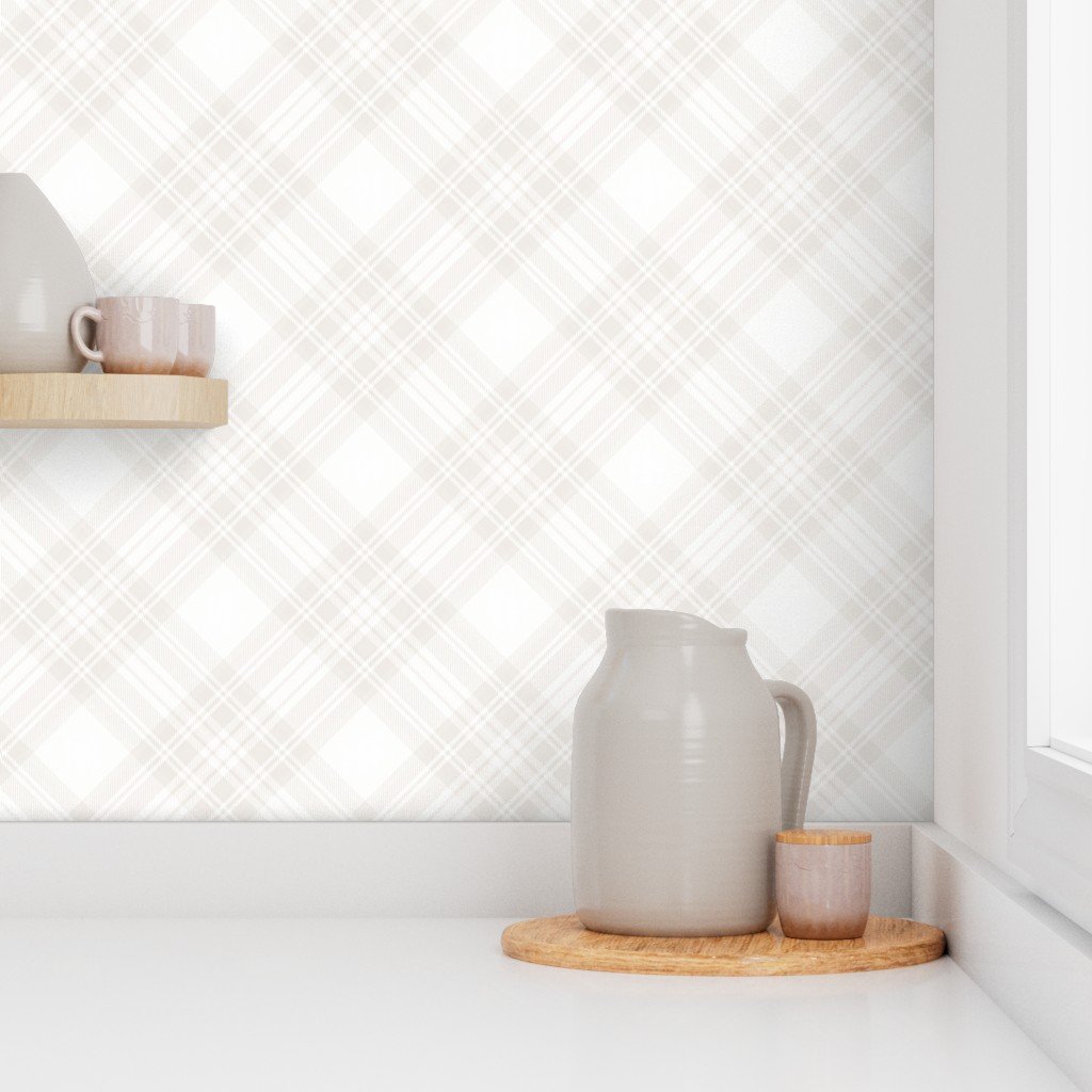 Soft Bone White Large Traditional Tartan Plaid Pattern Diagonal 45 Deg Wallpaper scottish inspired wallpaper