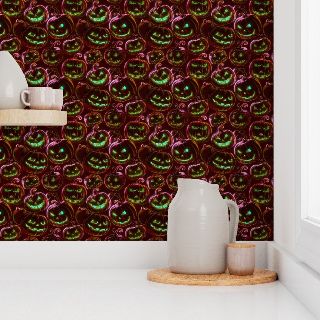 Small Neon Red Halloween Pumpkins Glowing in the Dark Wallpaper neon green halloween wallpaper