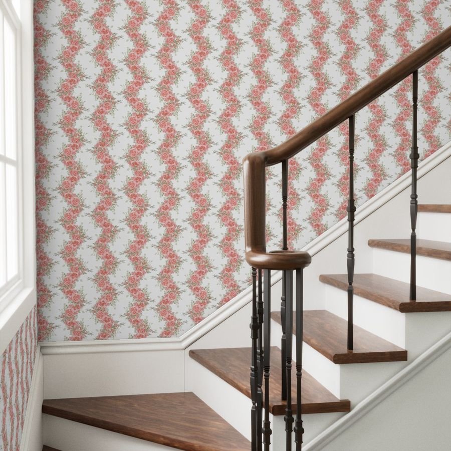 Vintage English Garden Watercolor Coral Pink Rose Stripe Pattern on Wh Wallpaper green wallpaper