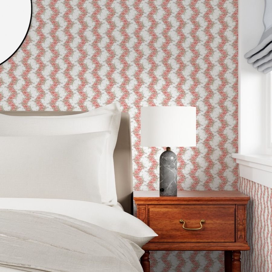 Vintage English Garden Small Coral Pink Rose Stripe Pattern on White Wallpaper floral wallpaper