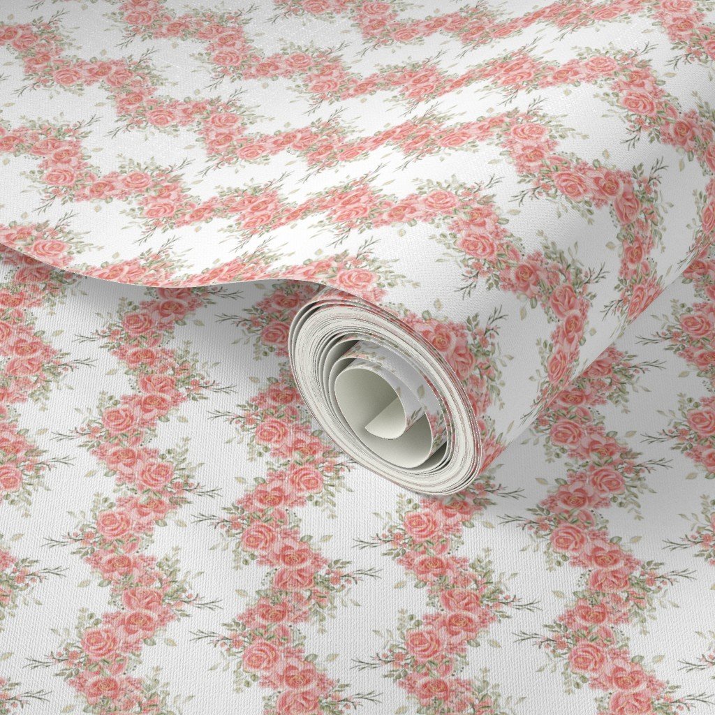 Vintage English Garden Tiny Coral Pink Rose Stripe Pattern on White Wal Wallpaper floral wallpaper