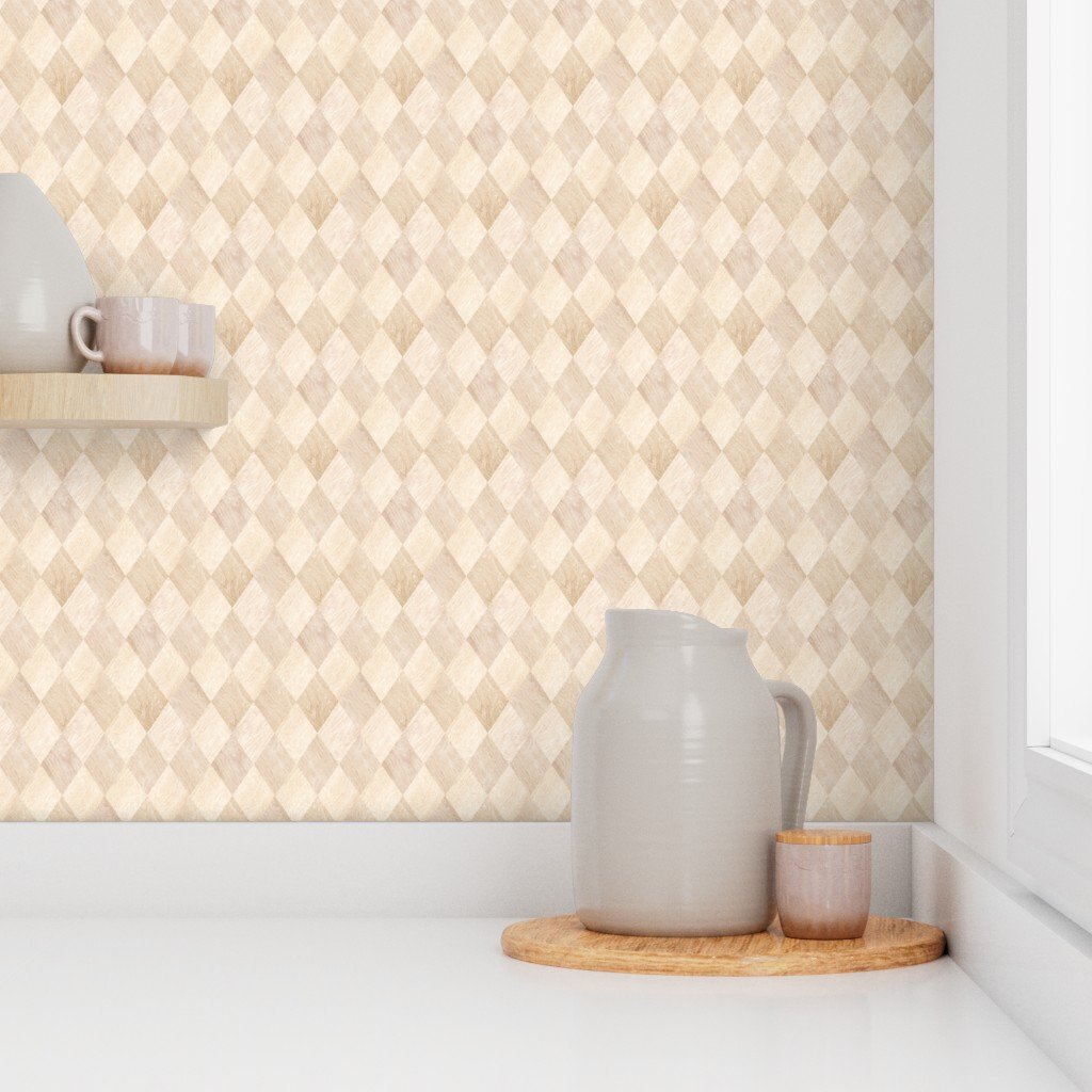 Small Light Beech and Oak Wood Harlequin Diamond Parquet Marquetry Pattern Wallpaper earth tone wallpaper