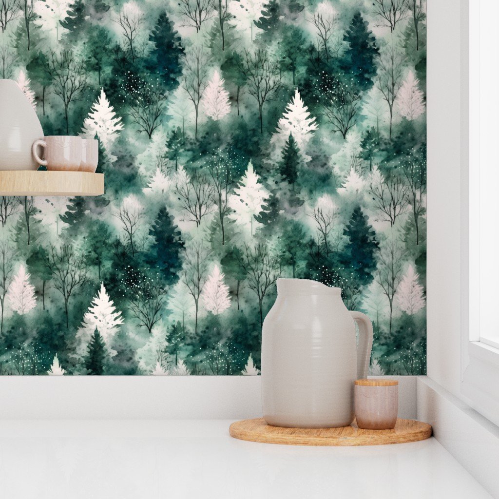 Small Endless Winter Tree Dreamscape Trees in Cool Teal Misty Forest Wallpaper green wallpaper