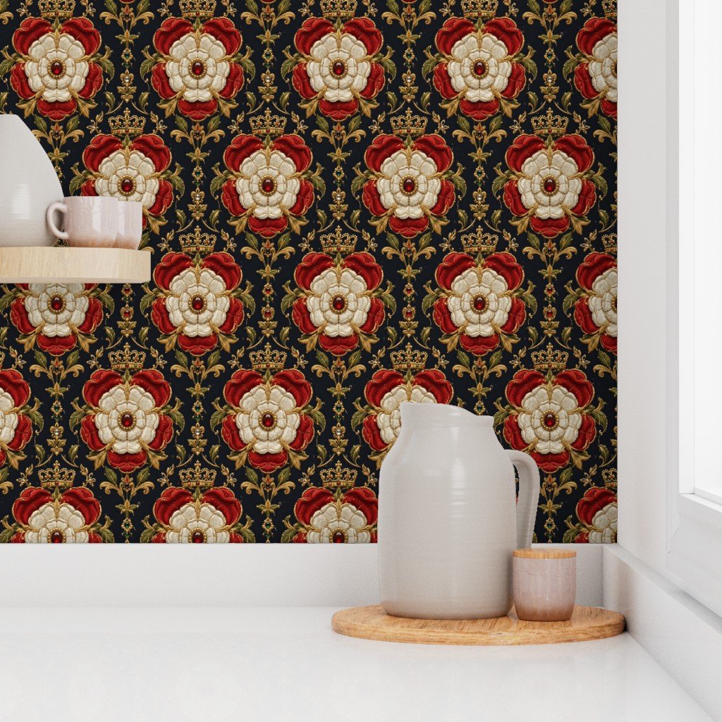 Large Royal Tudor Rose Crown Damask on Midnight Black Wallpaper black and white wallpaper