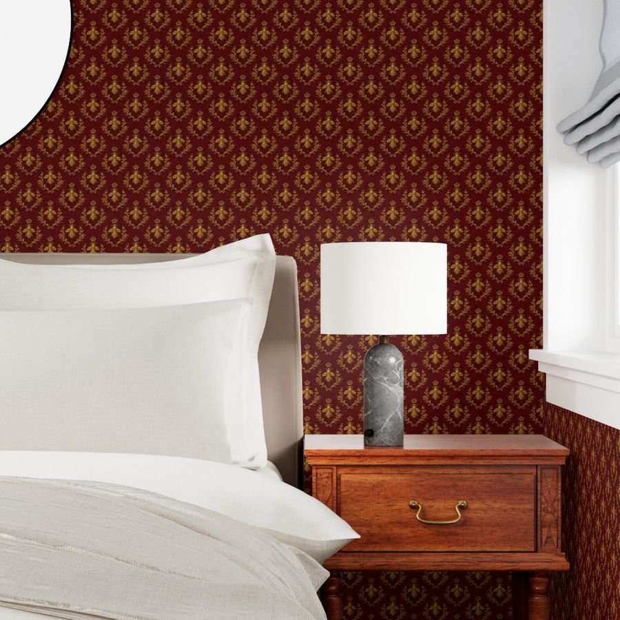 Small Napoleonic Royal Bee and Laurel Wreath Pattern on Crimson Red Wallpaper laurel wreath wallpaper