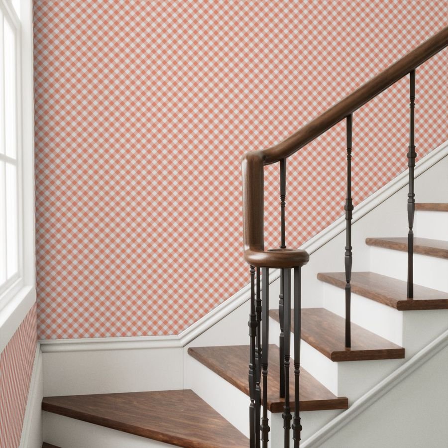 Coral Pink Gingham Check Plaid Wallpaper coral pink wallpaper