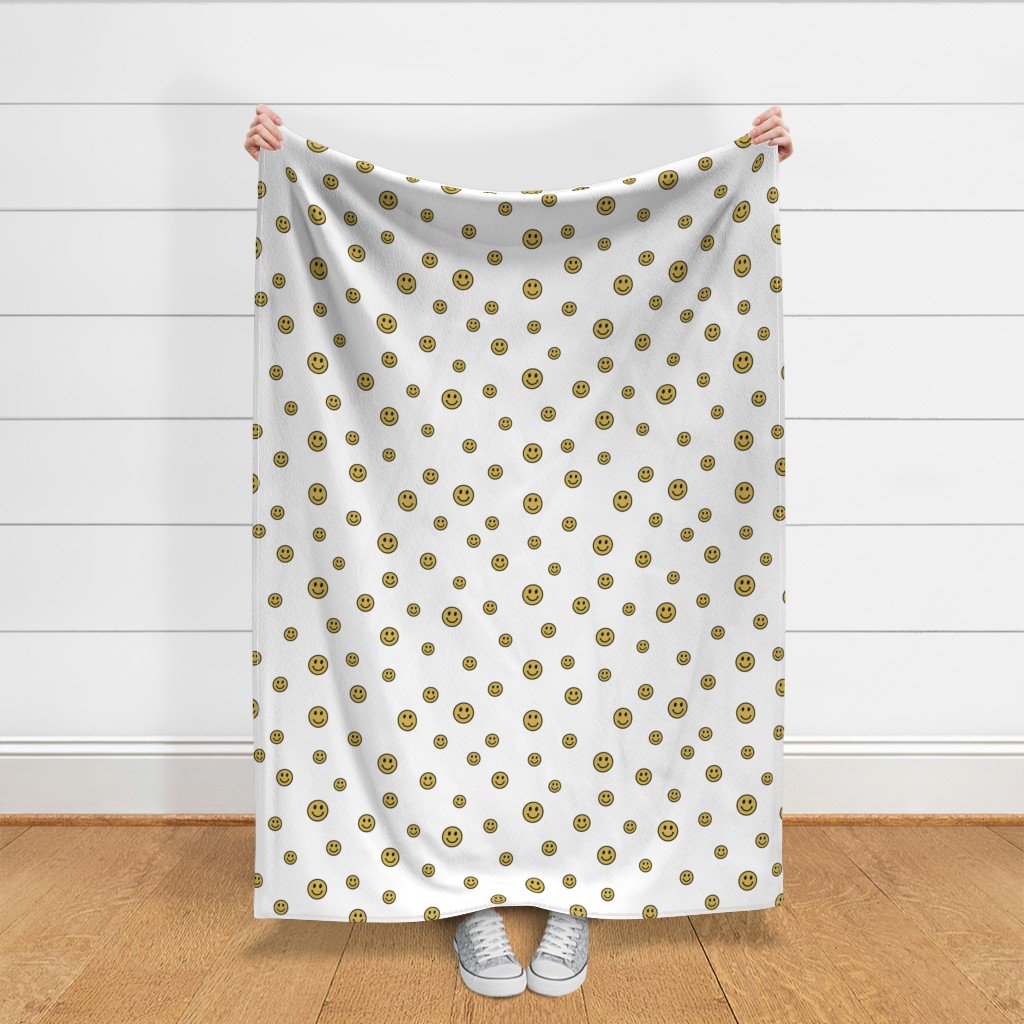 Retro Yellow Smiley Faces on White Fabric dopamine decor fabric