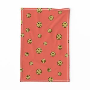 Retro Yellow Smiley Faces on Coral Decor Collection Design Collection dopamine decor tea towel design