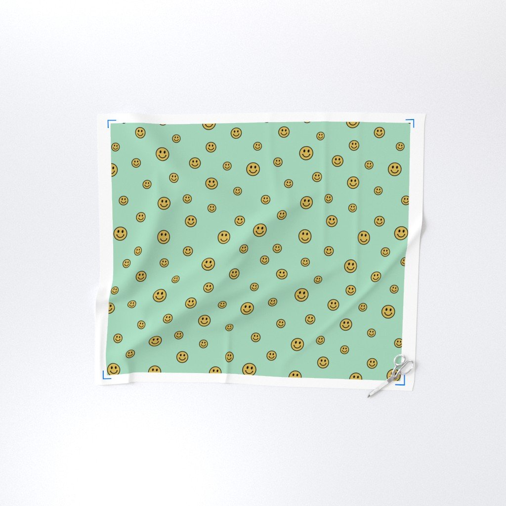 Retro Yellow Smiley Faces on Mint Green Fabric happy faces fabric