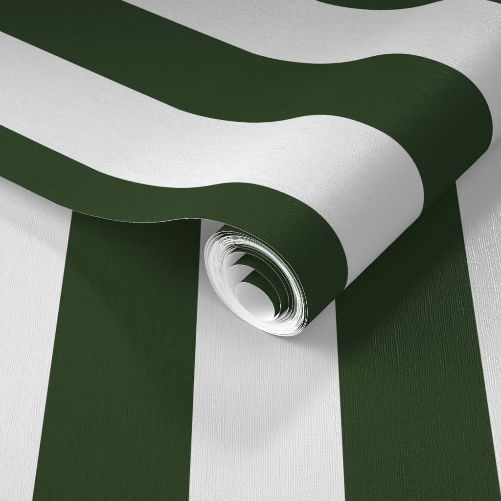 Forest Green and White Wide 2-inch Cabana Tent Vertical Stripes Wallpaper dark green wallpaper