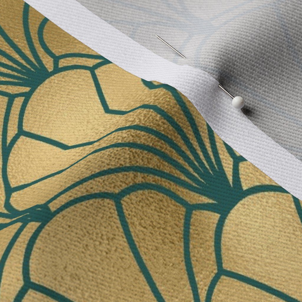 Teal and Faux Gold Foil Vintage Art Deco Scallop Shell Pattern Fabric art deco pattern fabric