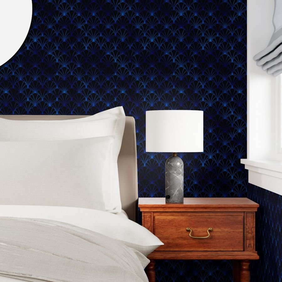 Scallop Shells in Black and Classic Blue Art Deco Vintage Faux Foil Wallpaper blue wallpaper