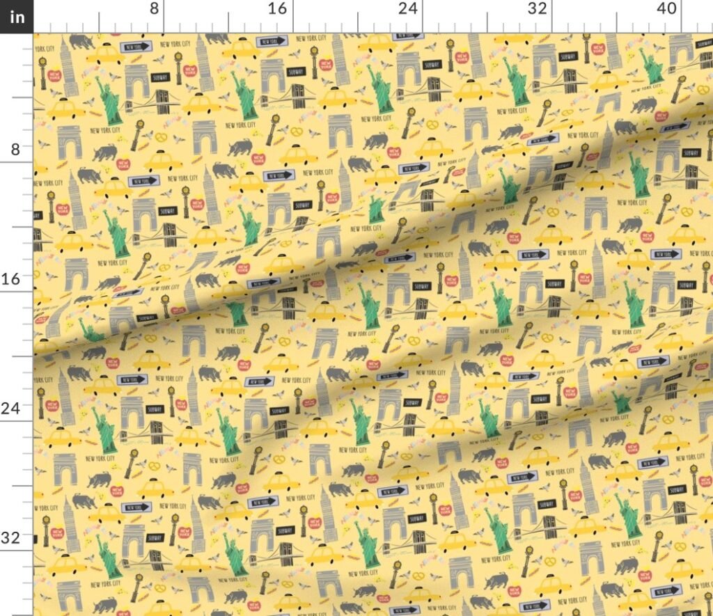 New York City Handdrawn Motifs Empire State Statue of Liberty Yellow Fabric design