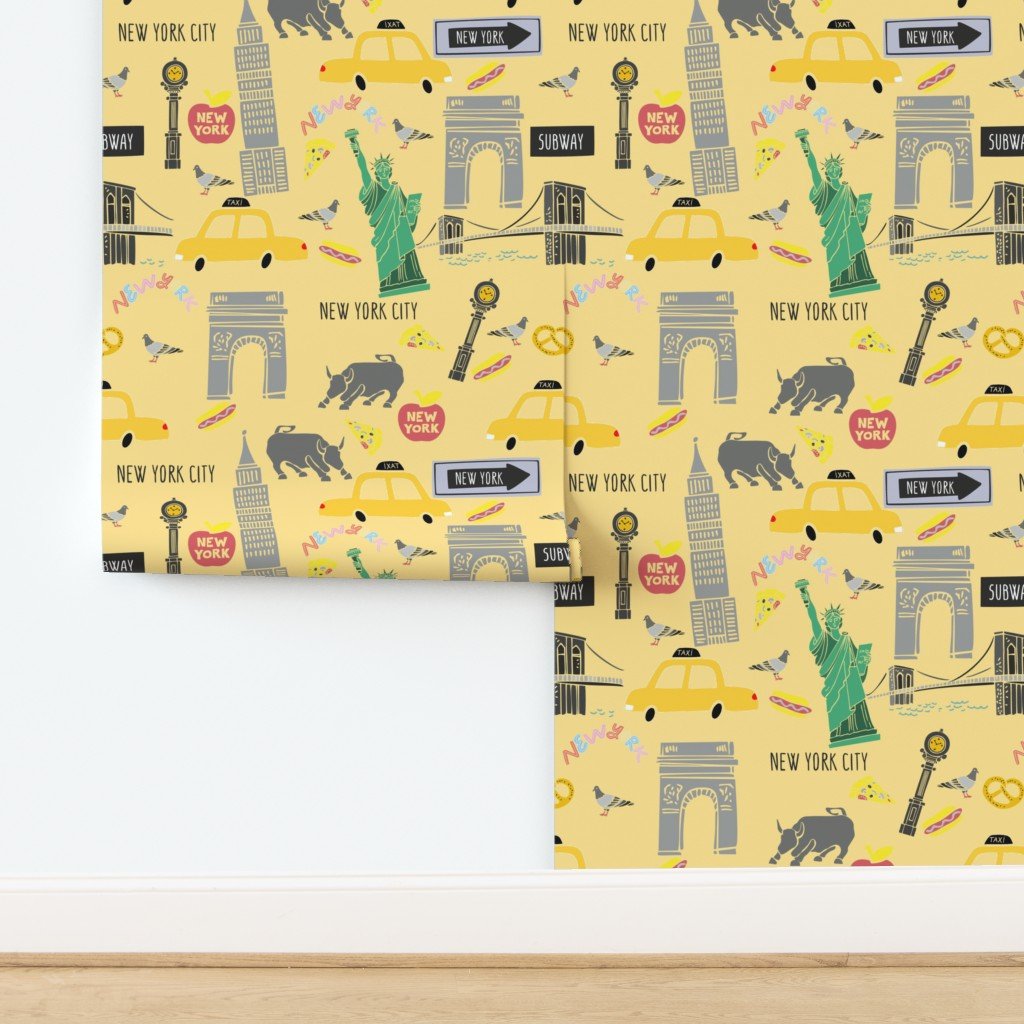 New York City Handdrawn Motifs Empire State Statue of Liberty Yellow Wallpaper design