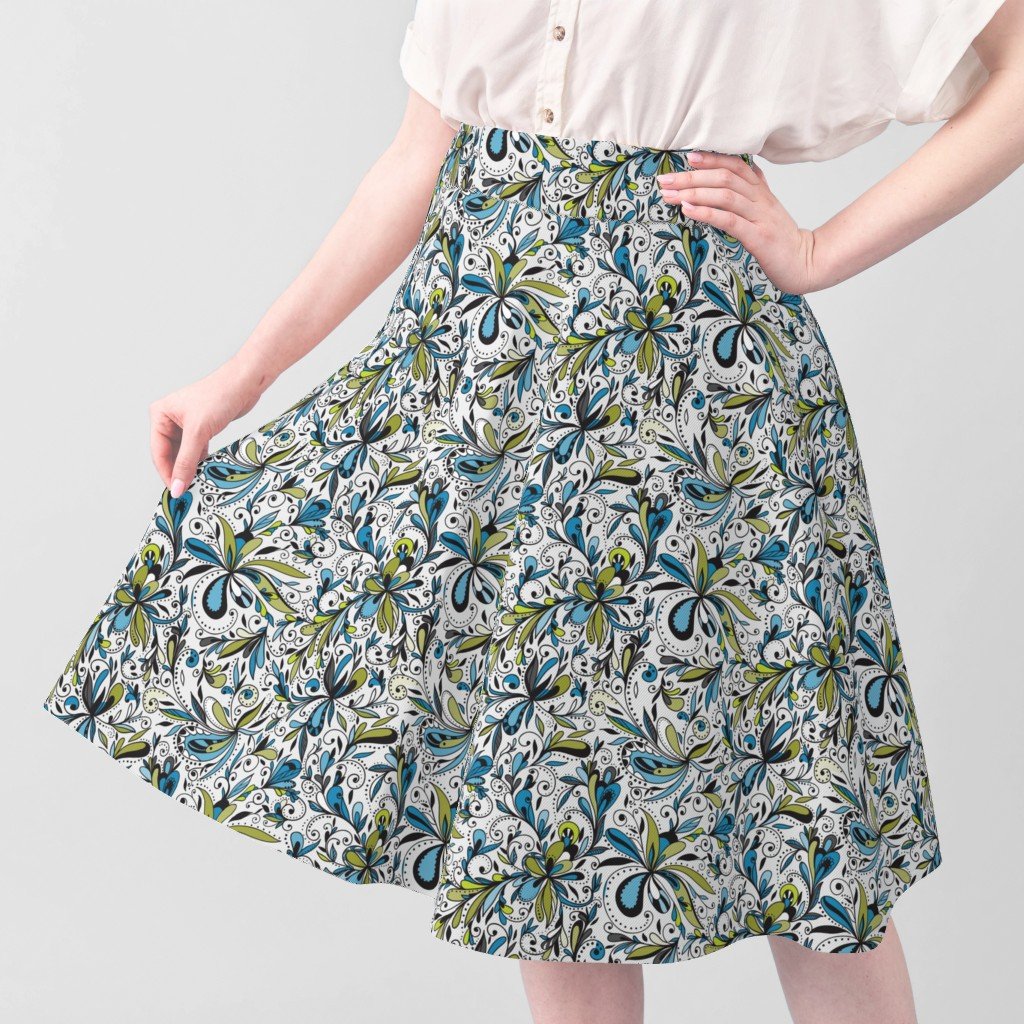 Floral Doodles Seamless Repeat Pattern in Blue and Green Fabric blue and green fabric