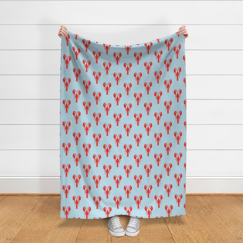 Handdrawn Motif of a Red Lobster on Pale Blue Fabric hand drawn fabric