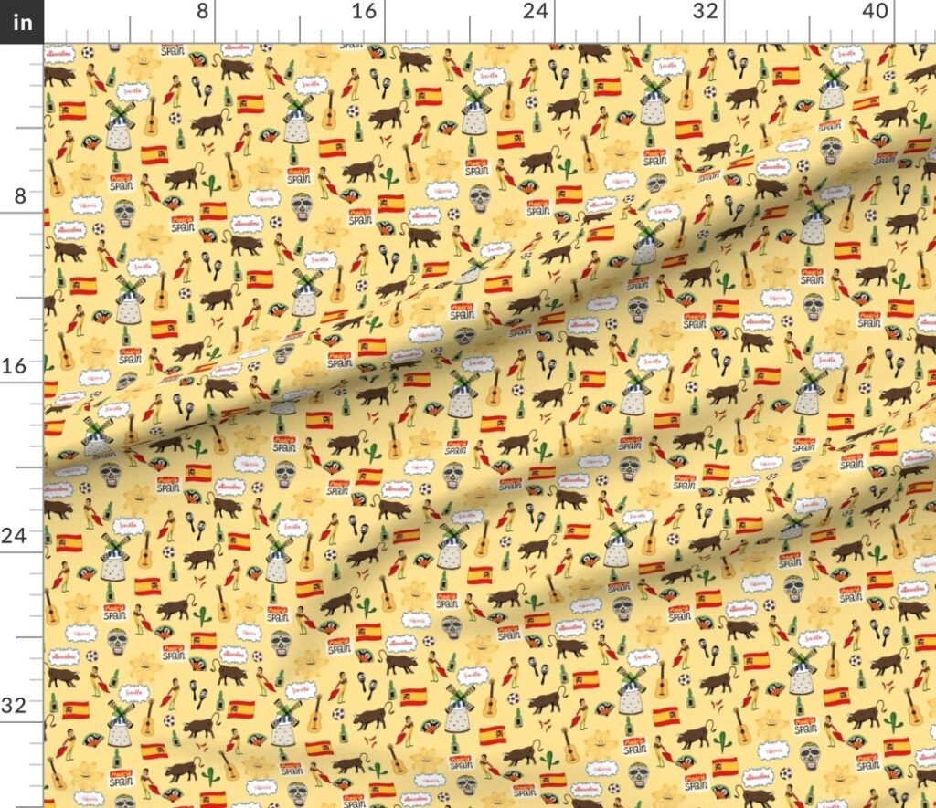 Spain Handdrawn Motifs Matador Windmill Bull Maracas Football Fabric design