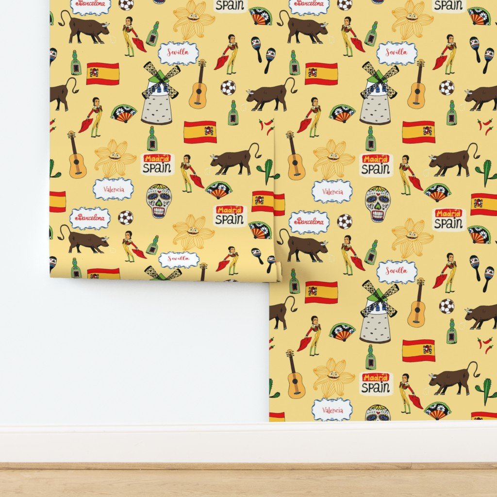 Spain Handdrawn Motifs Matador Windmill Bull Maracas Football Wallpaper design