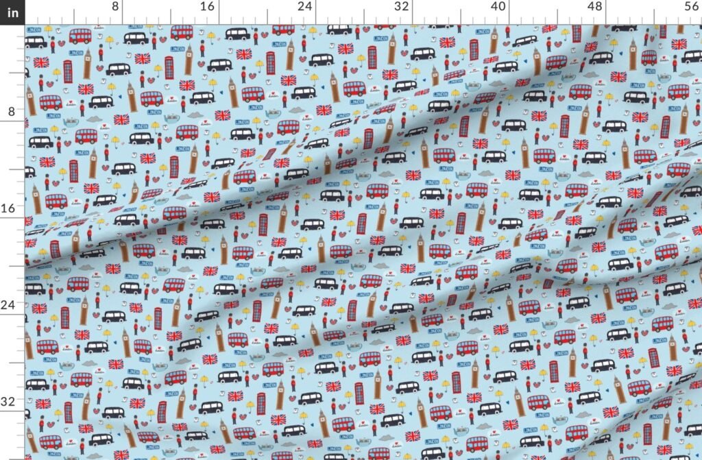 London England Handdrawn Motifs Big Ben Union Jack Palace Guard Fabric design