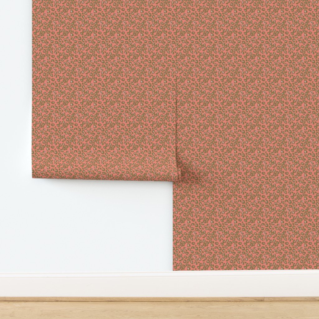 Rose Gold Faux Foil Leopard Spots on Coral Wallpaper design