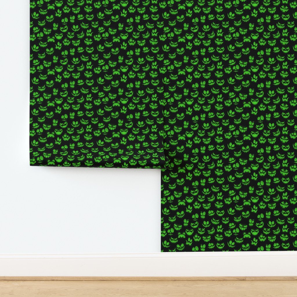 Mini Grinning Halloween Jack o Lantern Faces in Neon Green on Black Wallpaper design