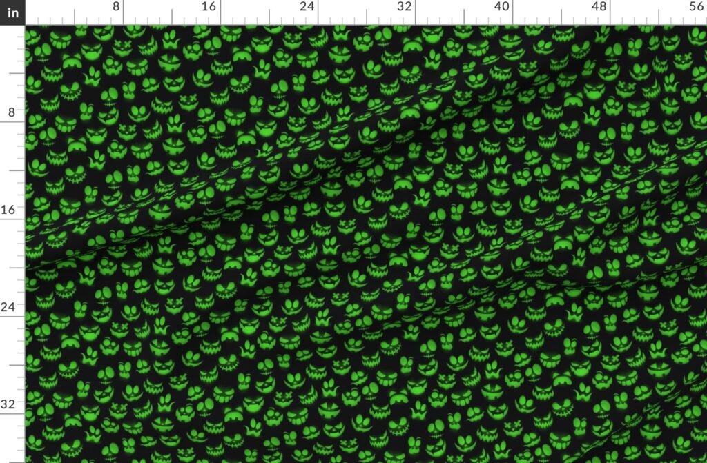 Mini Grinning Halloween Jack o Lantern Faces in Neon Green on Black Fabric design