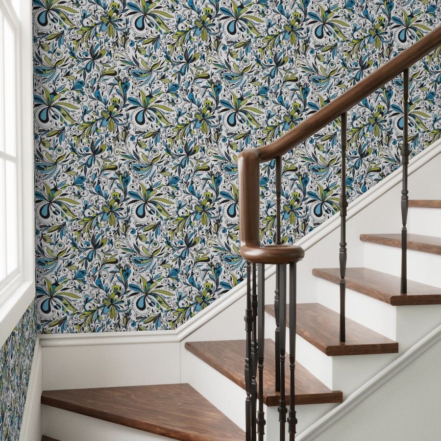 Floral Doodles Seamless Repeat Pattern in Blue and Green Wallpaper blue and green wallpaper