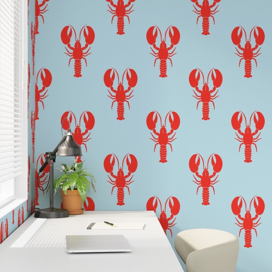 Handdrawn Motif of a Red Lobster on Pale Blue Wallpaper hand drawn wallpaper
