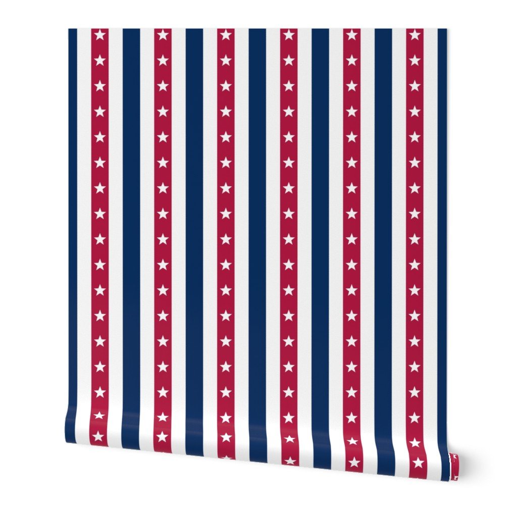USA Flag Colors of Red White and Blue with Stars in Alternating 2 Inch Wallpaper vertical stripes wallpaper