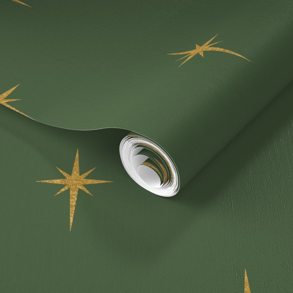 Christmas Faux Gold Foil Star in Fir Tree Green Wallpaper vintage pattern wallpaper