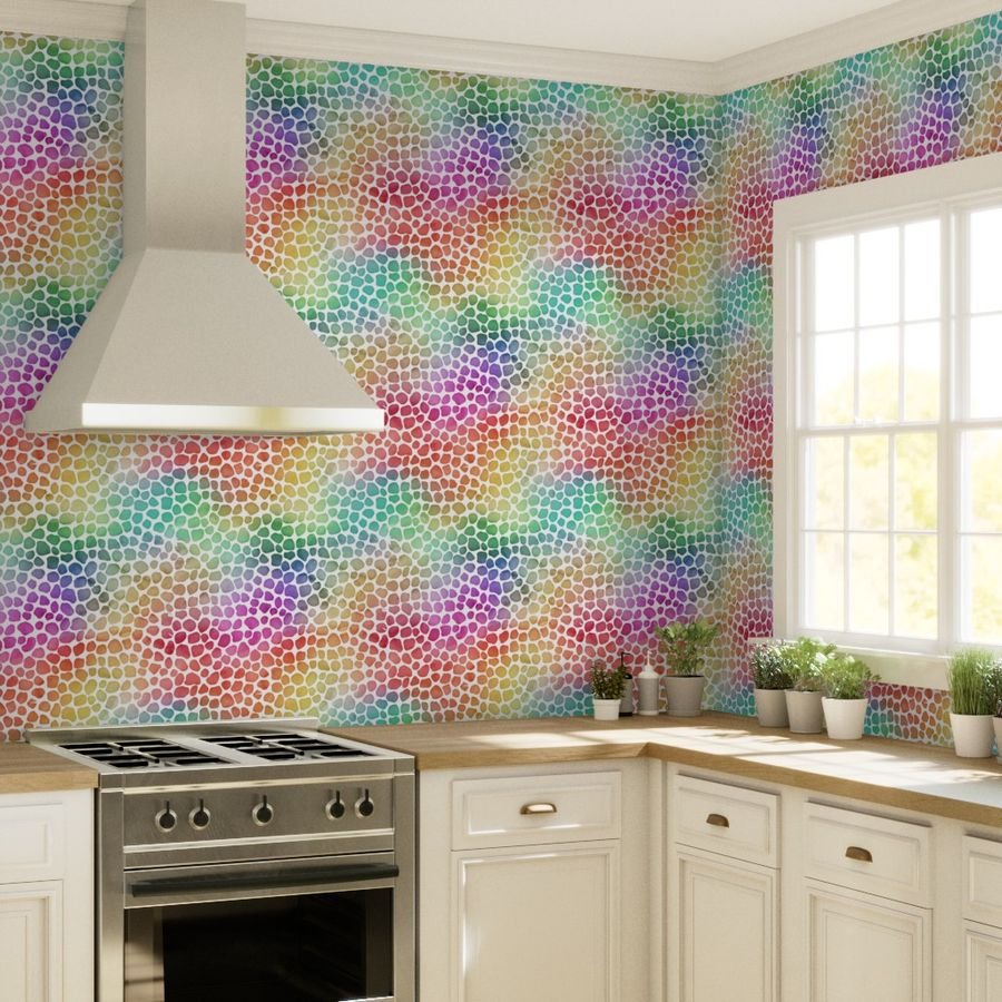 Rainbow Bright Pastel Mosaic Watercolor Spots in Mirror Repeat Wallpaper rainbow dots wallpaper