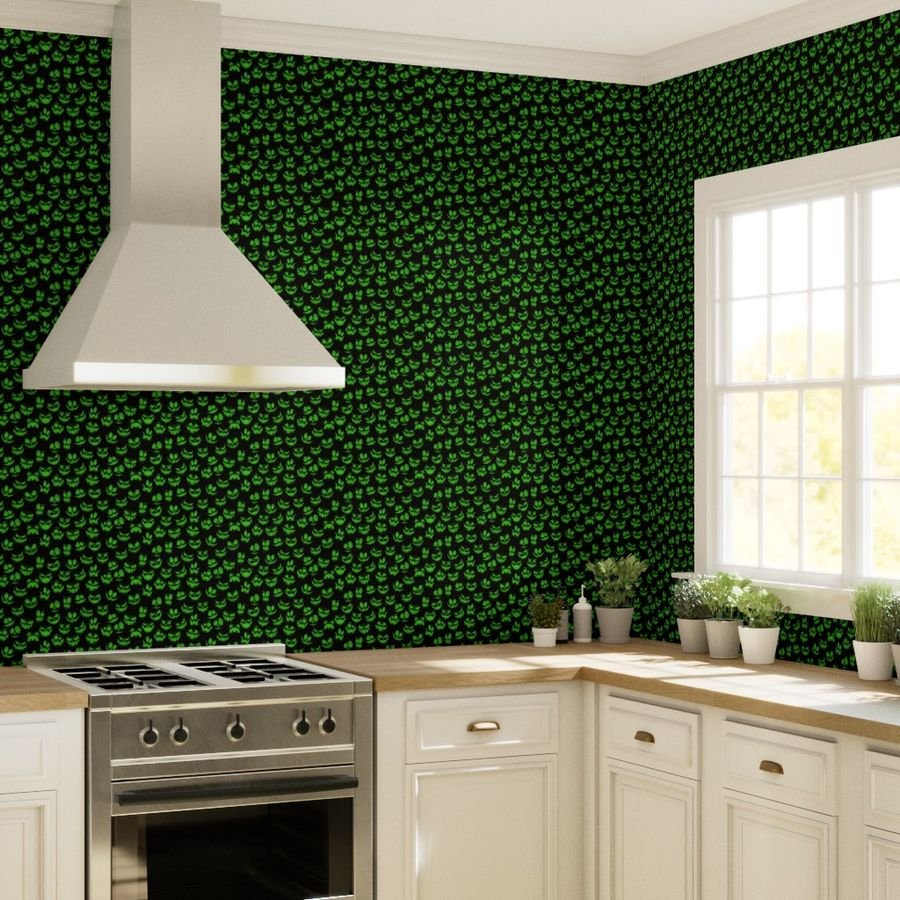 Mini Grinning Halloween Jack o Lantern Faces in Neon Green on Black Wallpaper luminous faces wallpaper