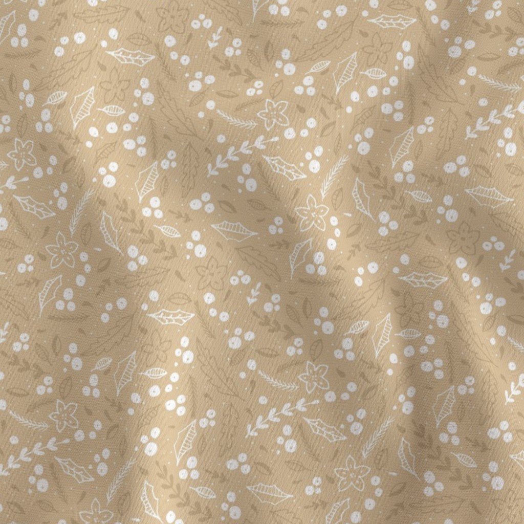 Christmas Beige and White Small Holly and Mistletoe Repeat on Pale Fabric beige and white fabric
