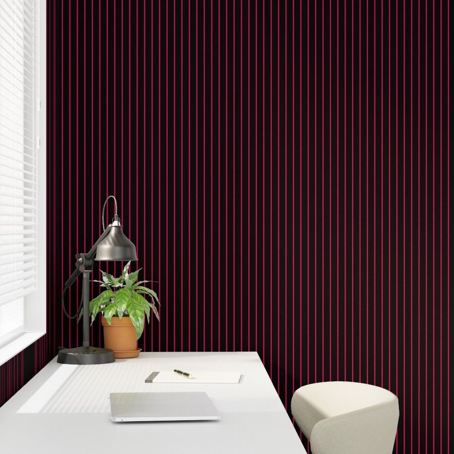 Classic wider 1 Inch Bright Hot Pink Pinstripe on a Black Background Wallpaper pink stripe wallpaper