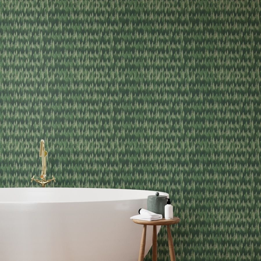Endless Evergreen Forest with Fir Trees in Shades of Green Wallpaper green evergreens wallpaper