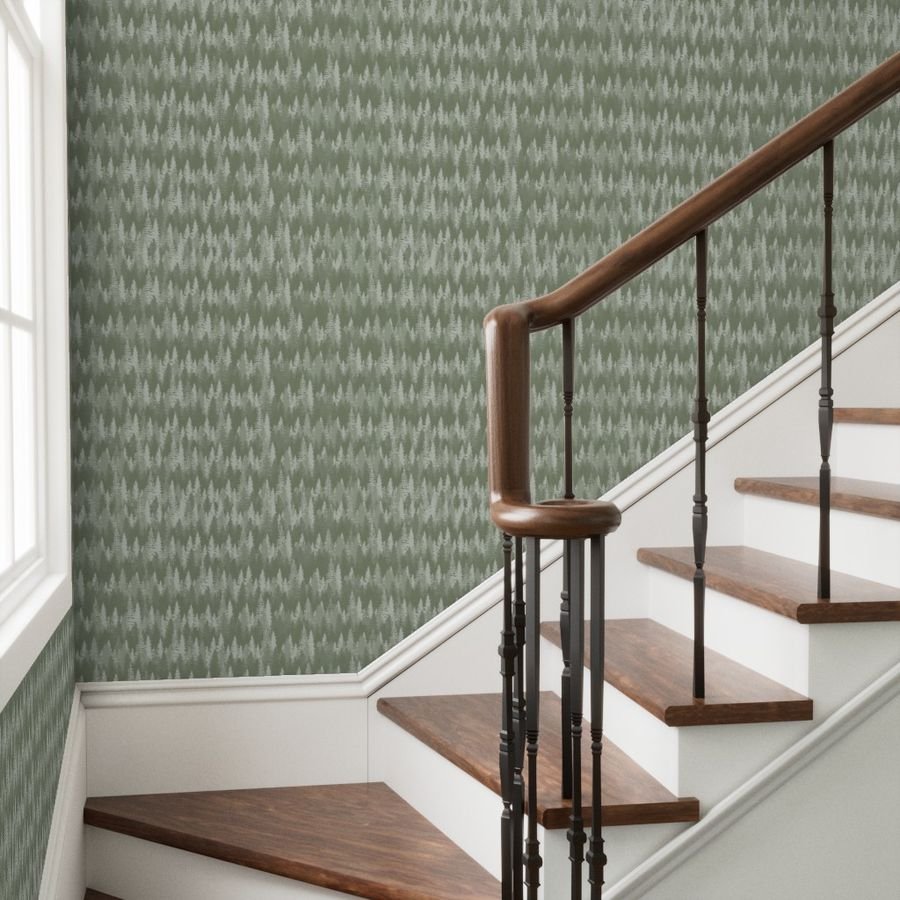 Endless Evergreen Forest with Fir Trees in Shades of Sage Green Wallpaper pine tree wallpaper